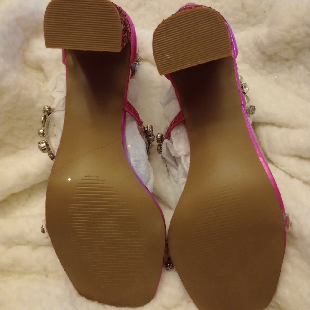 Betsey Johnson Astrid Pink Jeweled T-Strap Block Heel Sandals - Picture 7 of 10